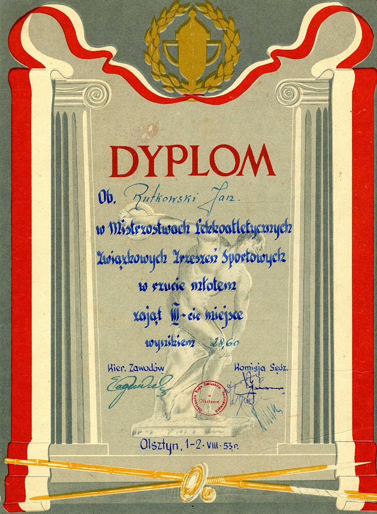 KKE 3253.jpg - Dyplom, Jana Rutkowskiego za III m. rzut ,młoteml, Olsztyn, 1953 r.